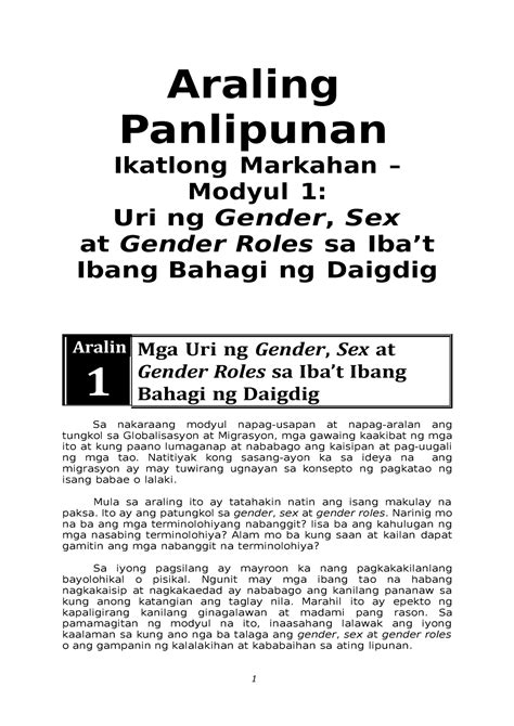 Ikatlong Markahan Modyul 1: Uri ng Gender Sex at Gender Roles .